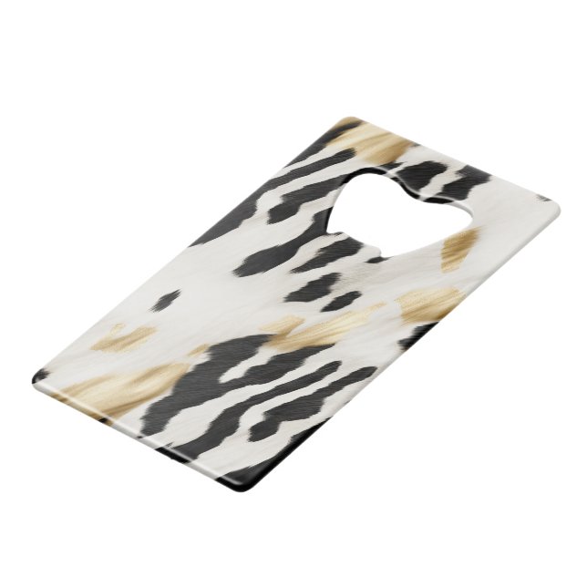White Gold Black Southwest Cowhide Credit Card Bottle Opener (Front Angled)