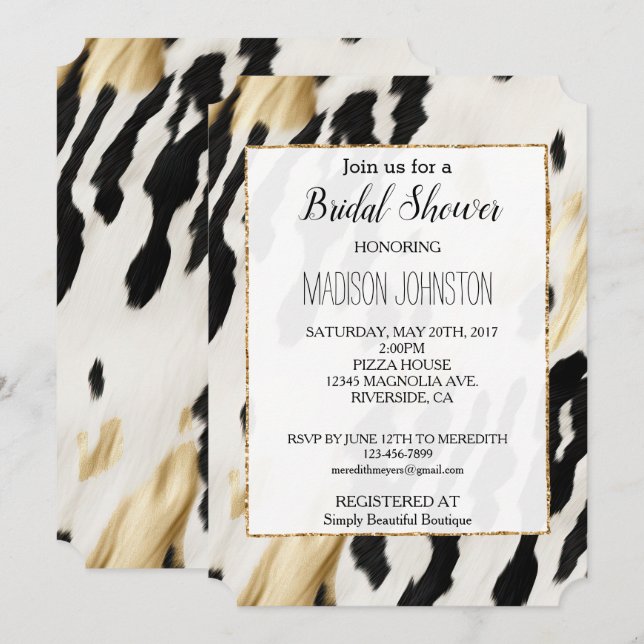 White Gold Black Southwest Cowhide Invitation (Front/Back)