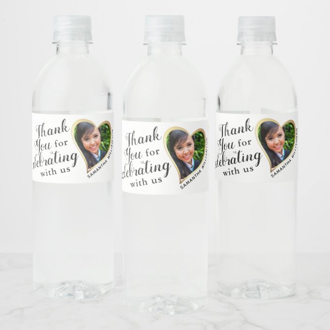 White Gold Black Thank You Photo 2025 Graduation Water Bottle Label (Bottles)