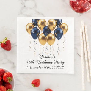 White Gold Blue Balloons Custom Name & Date Paper Dinner Napkins