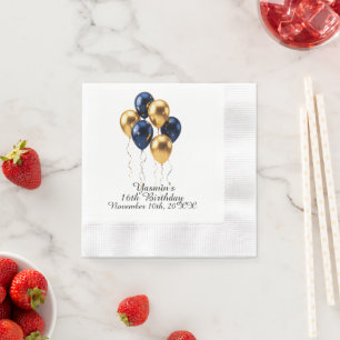 White Gold Blue Balloons Custom Name & Date Paper Napkins