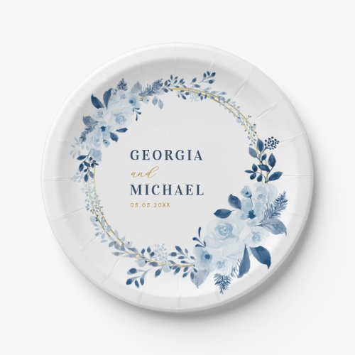 White Gold Blue Watercolor Floral Foliage Wedding Paper Plates