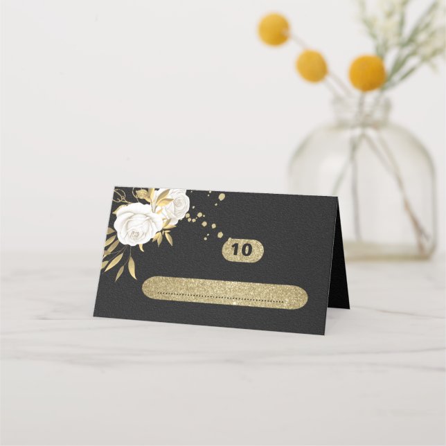 white gold botanical black place card (Front)