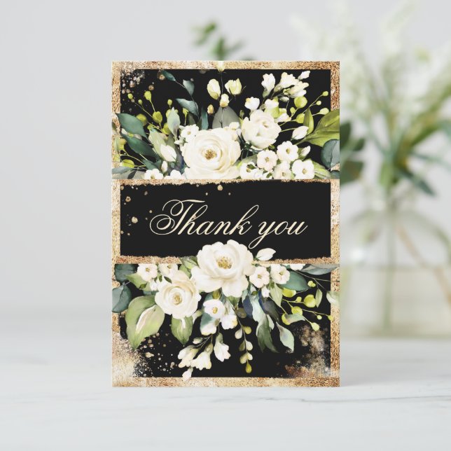 White Gold Botanical Floral Black Rustic Thank You (Standing Front)