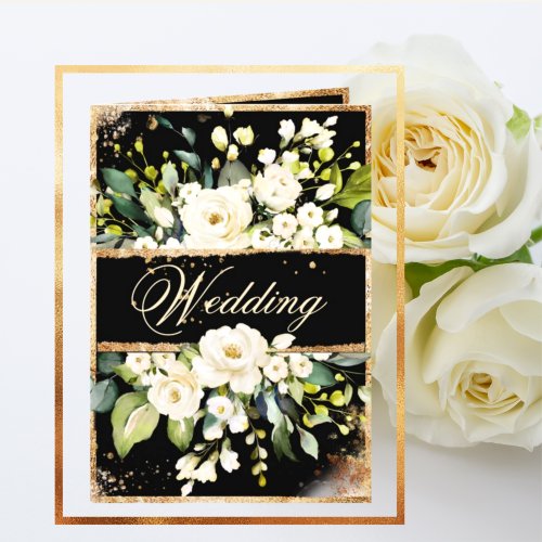 White Gold Botanical Floral Black Rustic Wedding Invitation