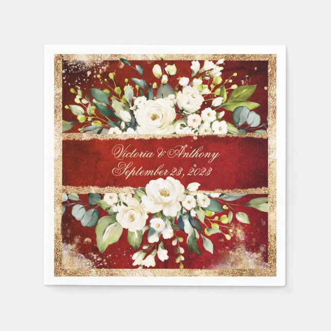 White Gold Botanical Floral Red Rustic Wedding  Napkins (Front)