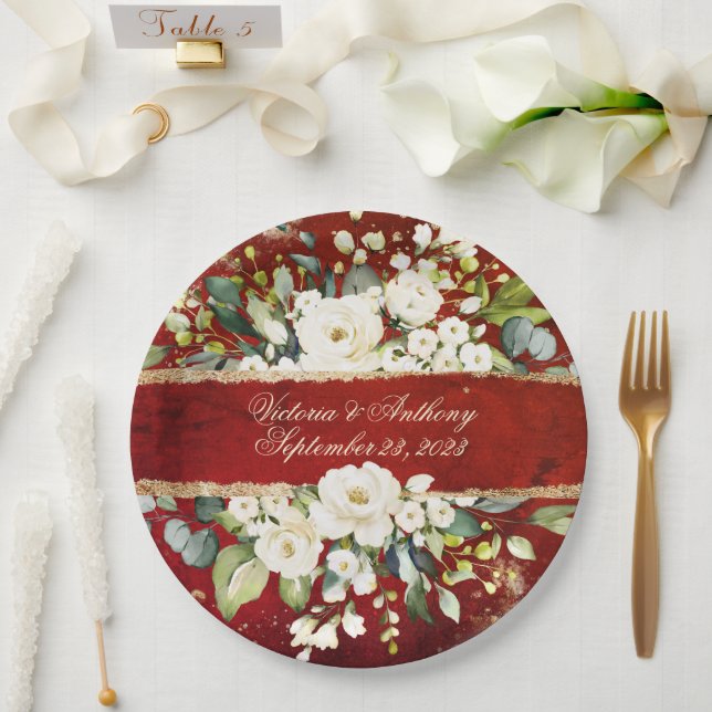 White Gold Botanical Floral Rustic Red Wedding  Pa Paper Plates (Wedding)