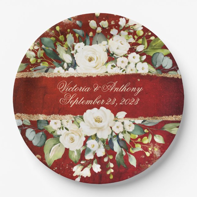 White Gold Botanical Floral Rustic Red Wedding  Paper Plates (Front)