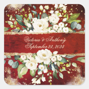 White Gold Botanical Floral Rustic Red Wedding Square Sticker