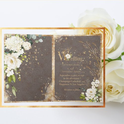 White Gold Botanical Floral Rustic Wedding Invitation