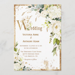 White Gold Botanical Floral Rustic Wedding Invitation