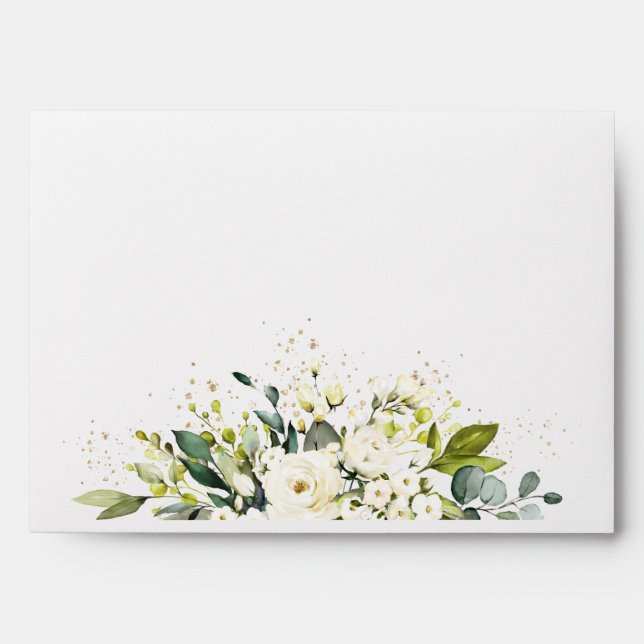 White Gold Botanical Floral Sage Elegant Wedding Envelope (Front)