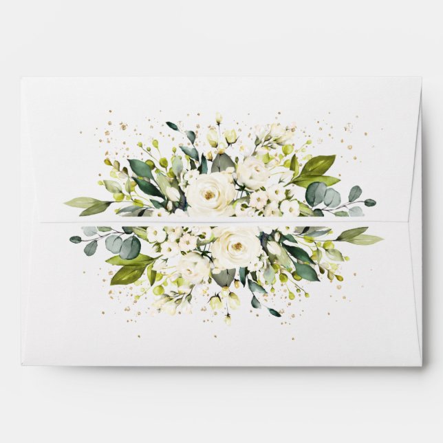 White Gold Botanical Floral Sage Green Wedding  En Envelope (Back (Top Flap))