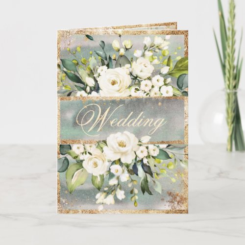White Gold Botanical Floral Sage Green Wedding  Invitation