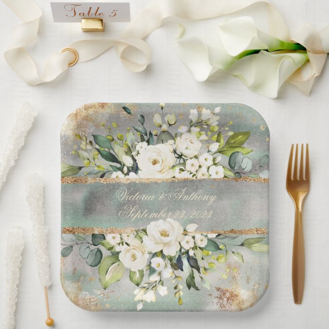 White Gold Botanical Floral Sage Green Wedding Paper Plates (Wedding)