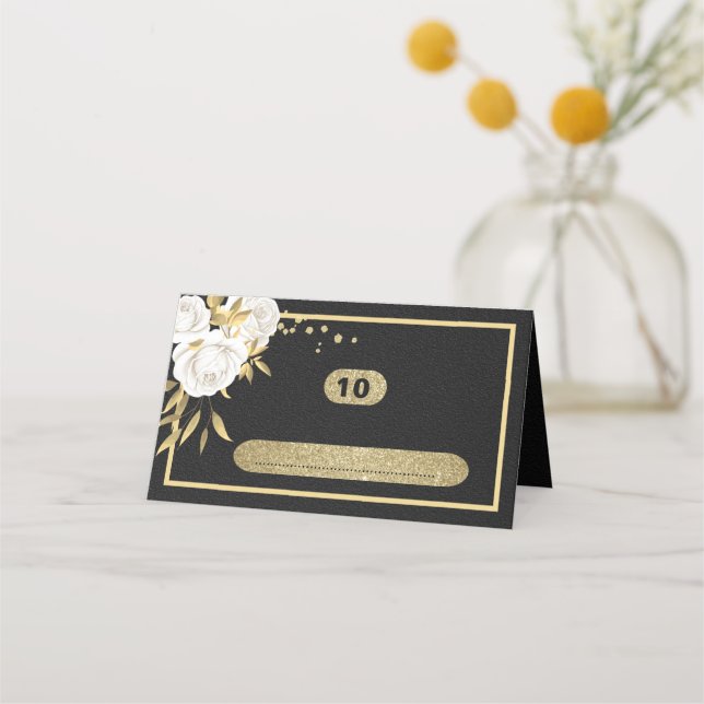 white gold botanical geometric black place card (Front)