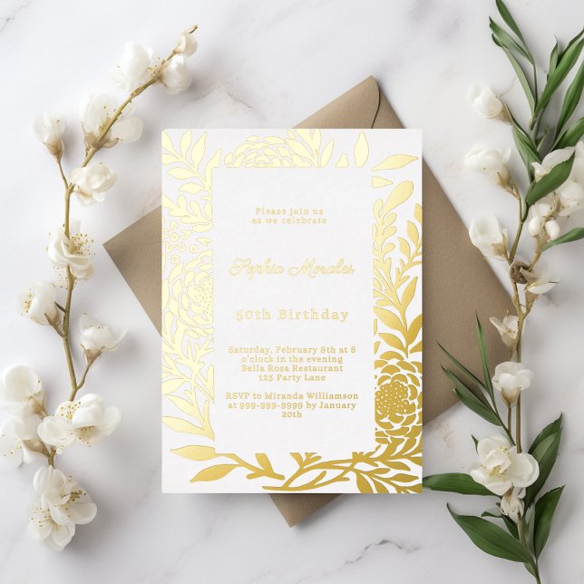 White gold botanical luxury birthday foil invitation (Creator Uploaded)