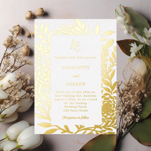 White gold botanical monogram luxury wedding foil invitation