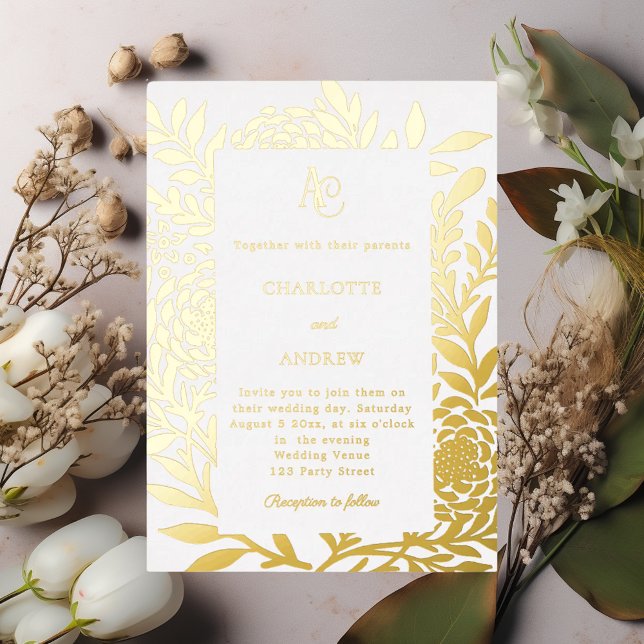 White gold botanical monogram luxury wedding foil invitation (Creator Uploaded)