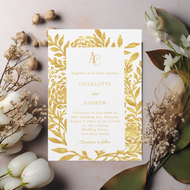 White gold botanical monogram luxury wedding invitation (Creator Uploaded)