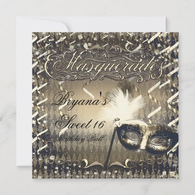 White Gold & Bronze Masquerade Mask Birthday Party Invitation (Front)