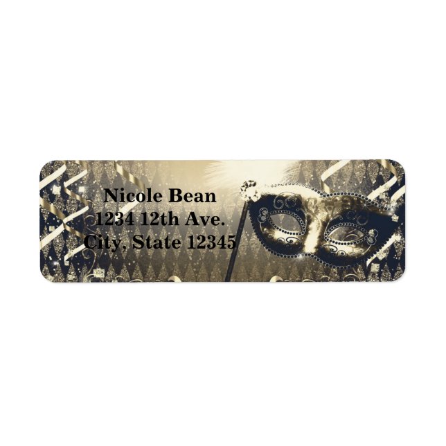 White Gold & Bronze Masquerade Mask Birthday Party Label (Front)