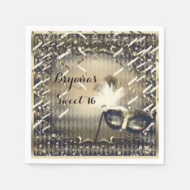 White Gold & Bronze Masquerade Mask Birthday Party Napkins (Front)