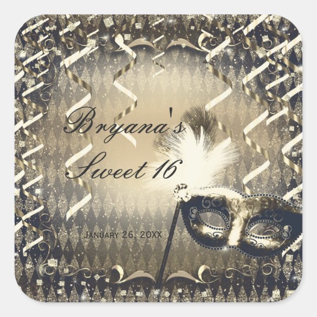 White Gold & Bronze Masquerade Mask Birthday Party Square Sticker (Front)