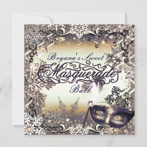 White Gold  Bronze Masquerade Winter Snowflakes Invitation