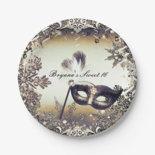 White Gold & Bronze Masquerade Winter Snowflakes Paper Plates
