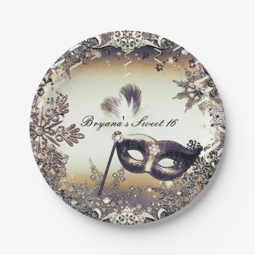 White Gold  Bronze Masquerade Winter Snowflakes Paper Plates