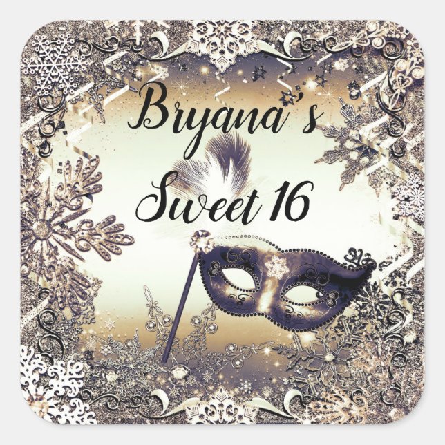 White Gold Bronze Masquerade & Winter Snowflakes Square Sticker (Front)