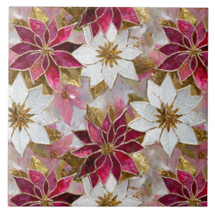 White Gold Burgundy Pink Christmas Poinsettias Ceramic Tile