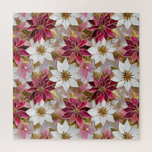 White Gold Burgundy Pink Christmas Poinsettias Jigsaw Puzzle