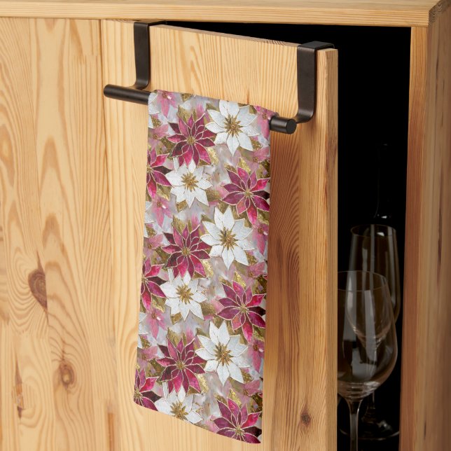 White Gold Burgundy Pink Christmas Poinsettias Kitchen Towel (Thirds Fold)