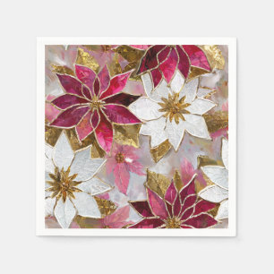 White Gold Burgundy Pink Christmas Poinsettias Napkins