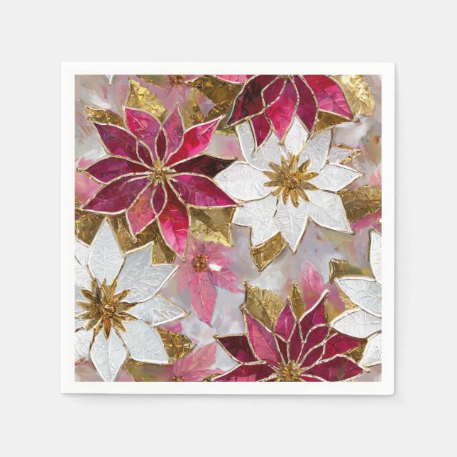 White Gold Burgundy Pink Christmas Poinsettias Napkins (Front)