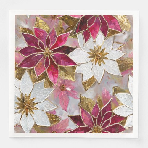 White Gold Burgundy Pink Christmas Poinsettias Paper Dinner Napkins