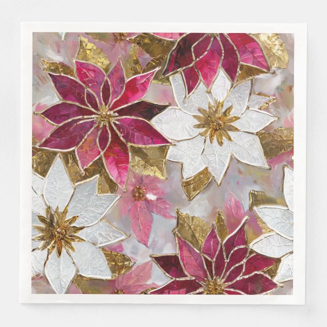 White Gold Burgundy Pink Christmas Poinsettias Paper Dinner Napkins (Front)