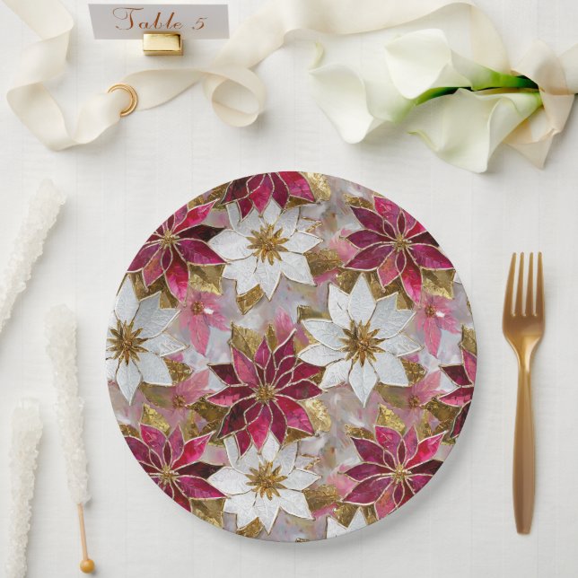 White Gold Burgundy Pink Christmas Poinsettias Paper Plates (Wedding)