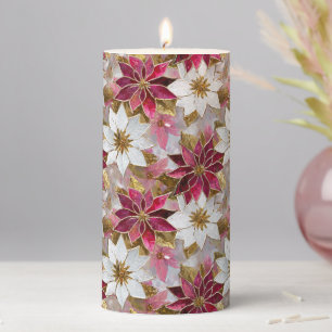 White Gold Burgundy Pink Christmas Poinsettias Pillar Candle