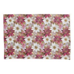 White Gold Burgundy Pink Christmas Poinsettias Pillow Case