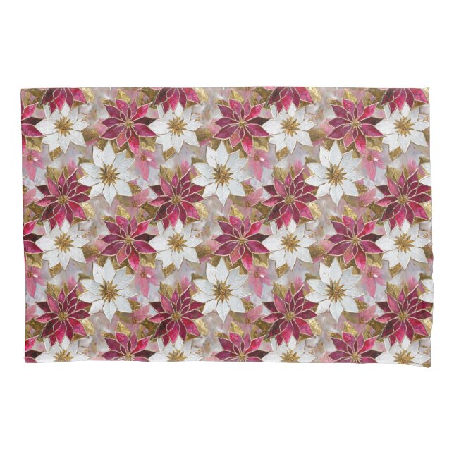 White Gold Burgundy Pink Christmas Poinsettias Pillow Case (Front)