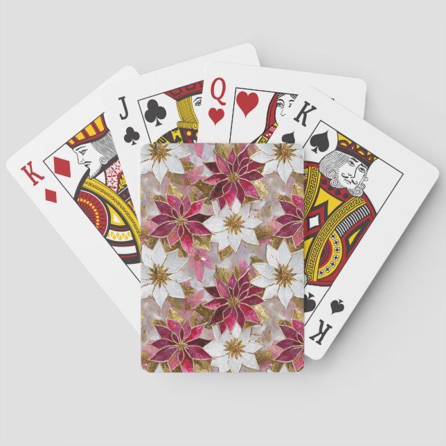 White Gold Burgundy Pink Christmas Poinsettias Poker Cards (Back)