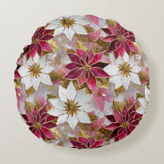 White Gold Burgundy Pink Christmas Poinsettias Round Pillow