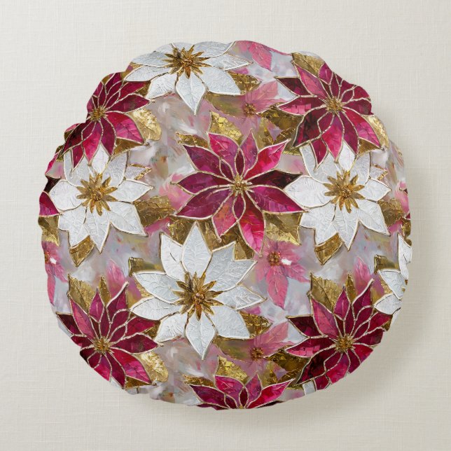 White Gold Burgundy Pink Christmas Poinsettias Round Pillow (Front)