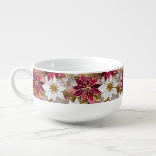 White Gold Burgundy Pink Christmas Poinsettias Soup Mug