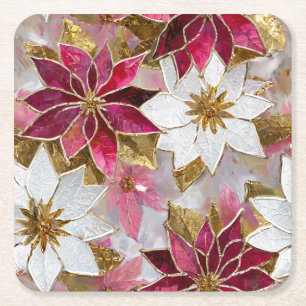 White Gold Burgundy Pink Christmas Poinsettias Square Paper Coaster