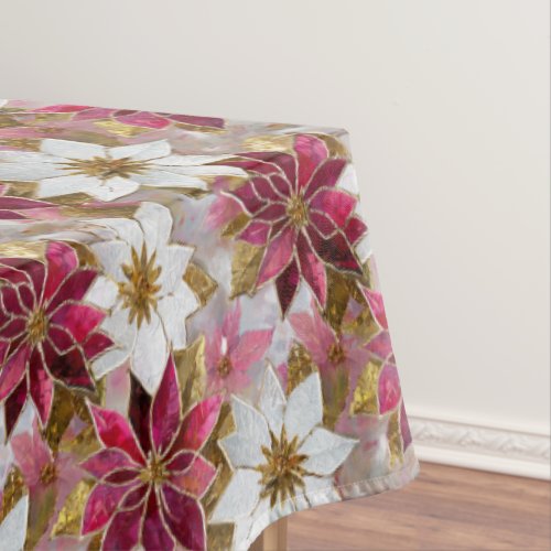 White Gold Burgundy Pink Christmas Poinsettias Tablecloth