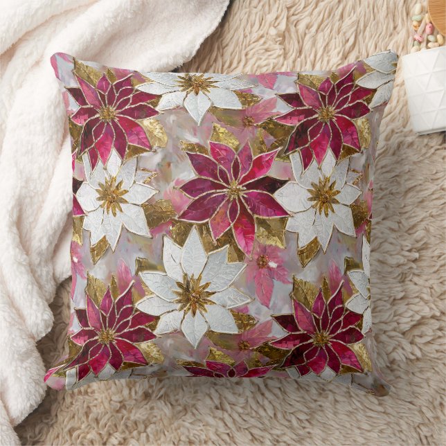 White Gold Burgundy Pink Christmas Poinsettias Throw Pillow (Blanket)